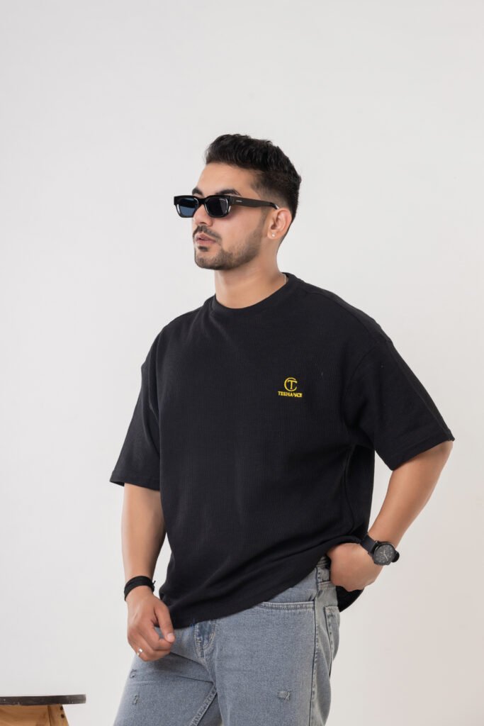 Men's Black Waffle Oversized Cotton T-Shirt