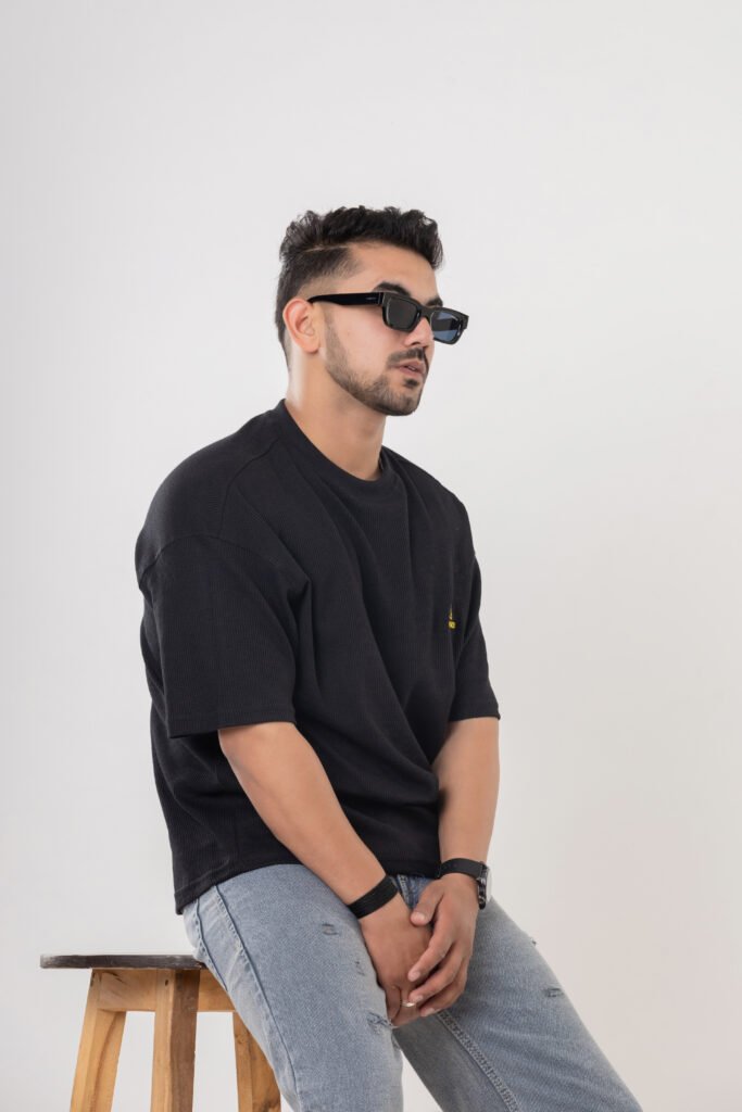 Men's Black Waffle Oversized Cotton T-Shirt