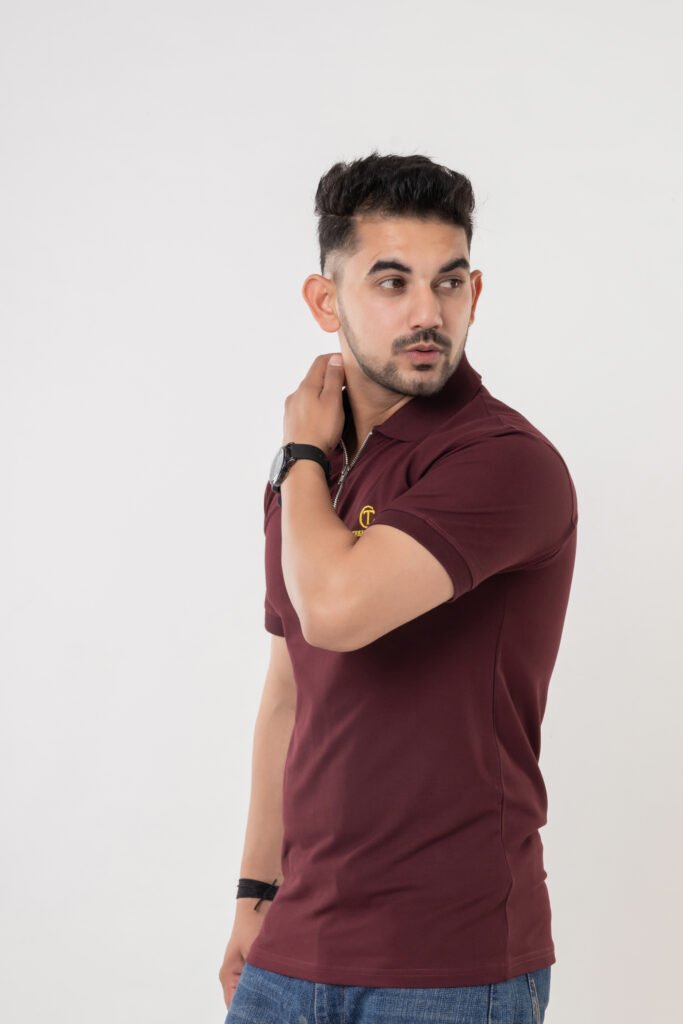 Men's Maroon Cotton Zipper Polo T-Shirt