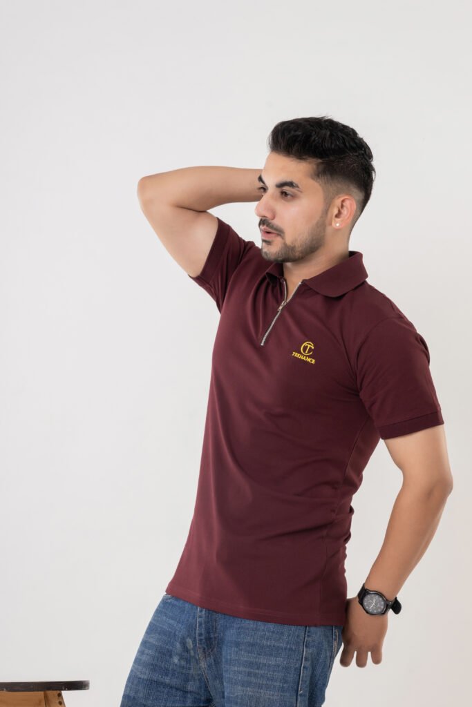 Men's Maroon Cotton Zipper Polo T-Shirt