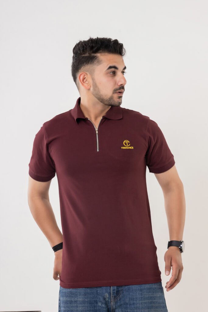 Men's Maroon Cotton Zipper Polo T-Shirt