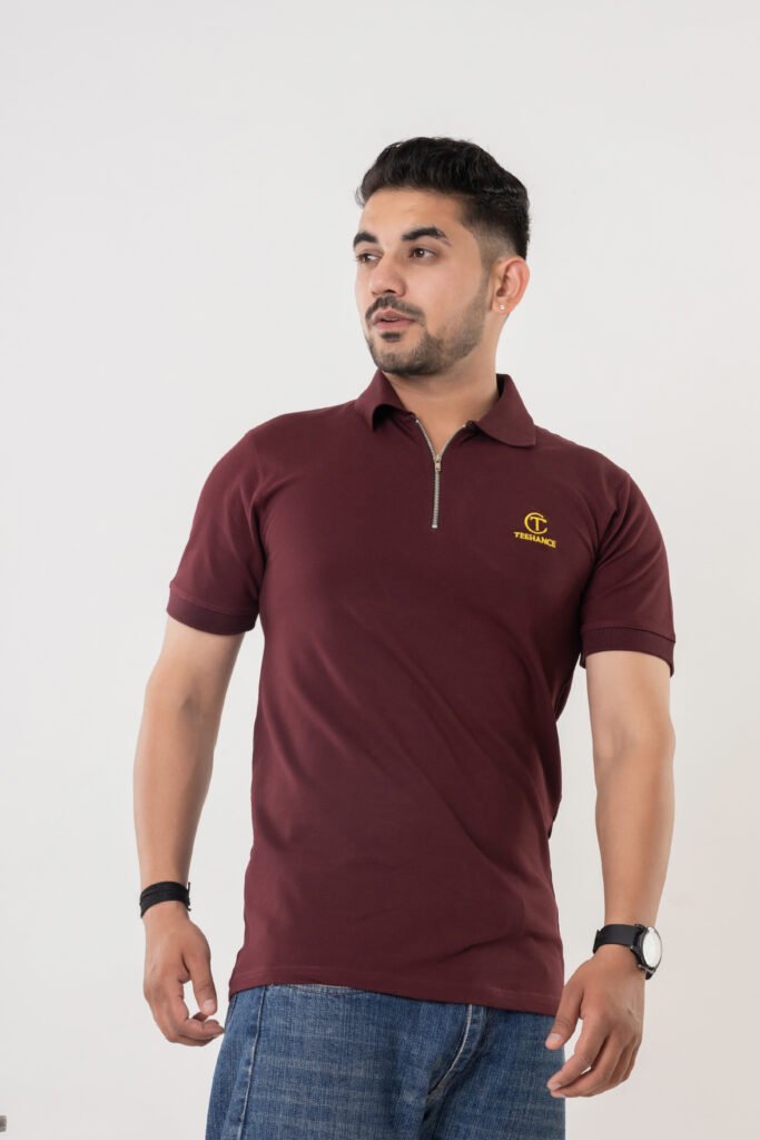 Men's Maroon Cotton Zipper Polo T-Shirt