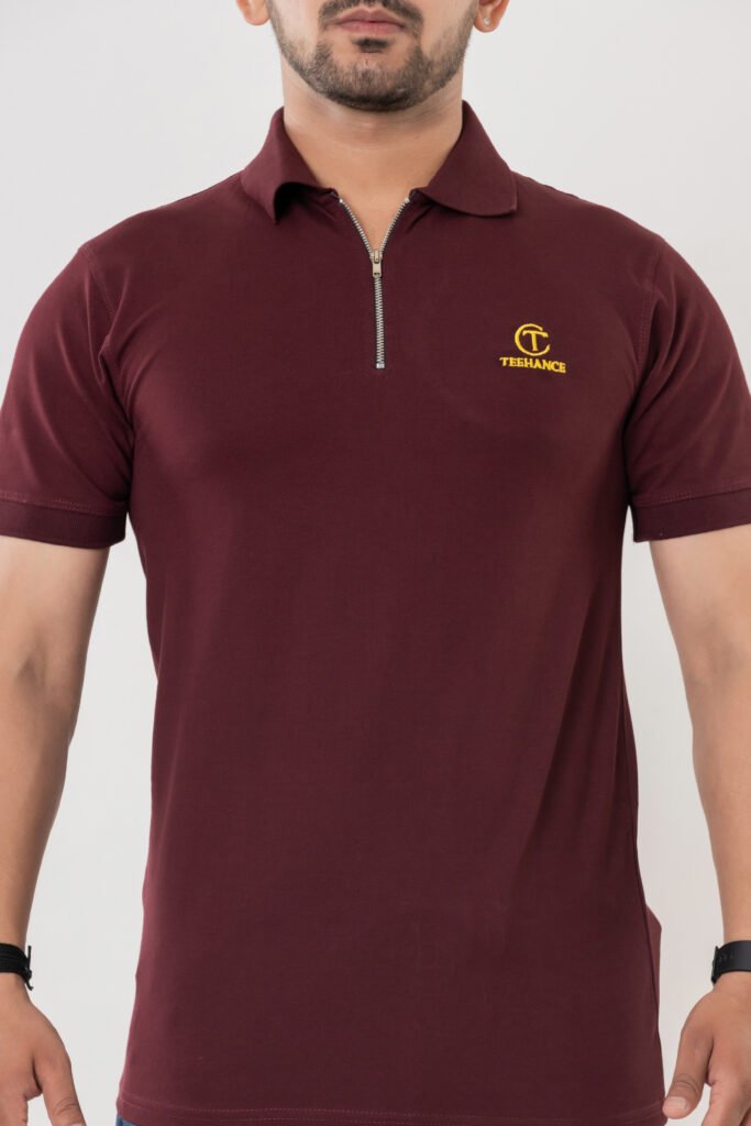 Men's Maroon Cotton Zipper Polo T-Shirt