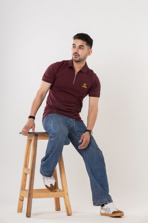 Men's Maroon Cotton Zipper Polo T-Shirt