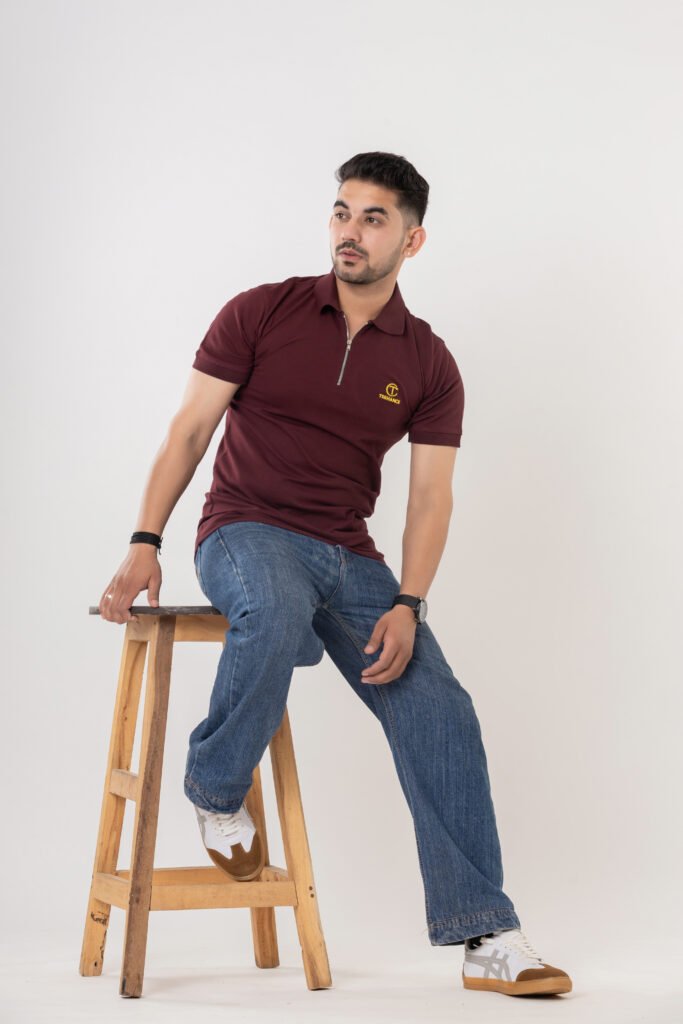 Men's Maroon Cotton Zipper Polo T-Shirt