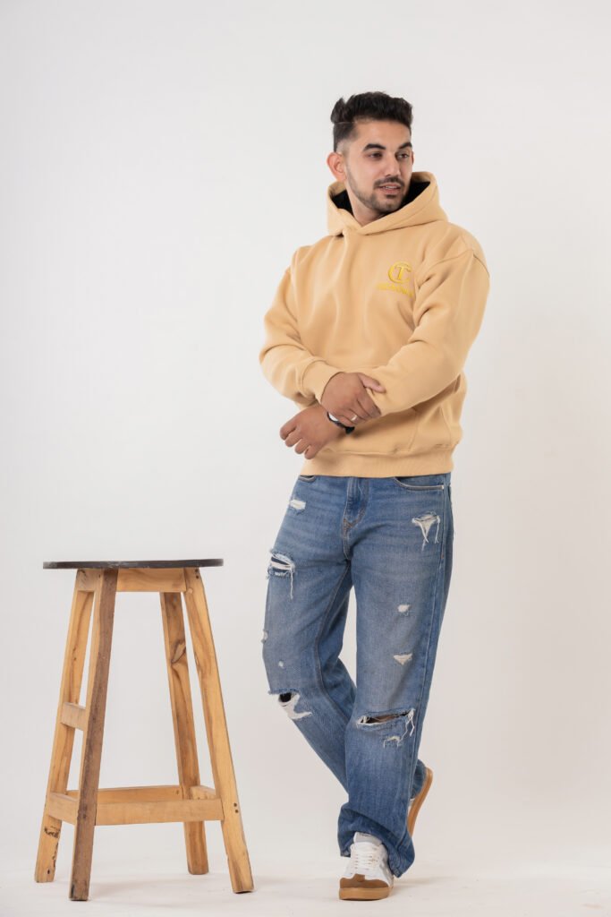 Men's Beige Oversized Cotton Hoodie Sweatshirt
