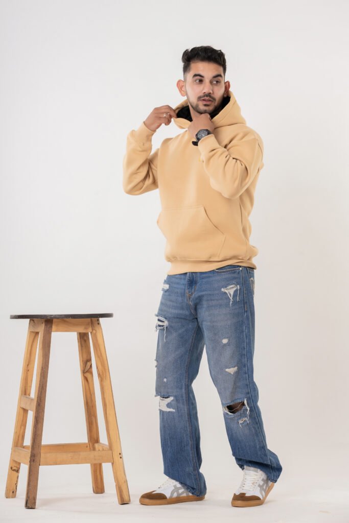 Men's Beige Oversized Cotton Hoodie Sweatshirt