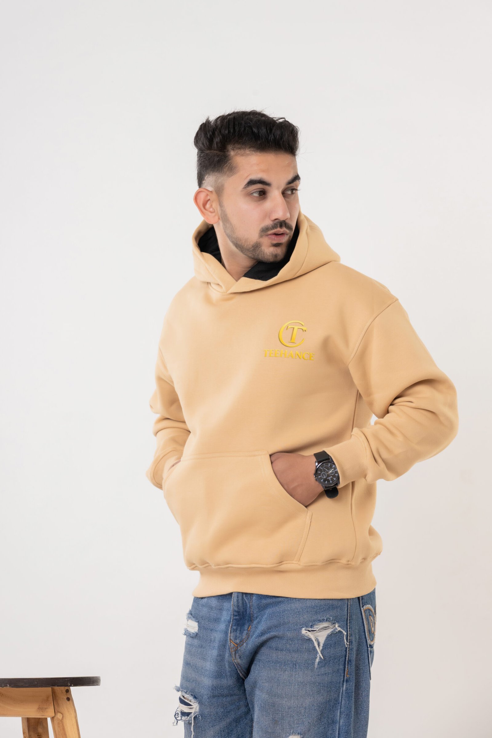 Men's Beige Oversized Cotton Hoodie Sweatshirt