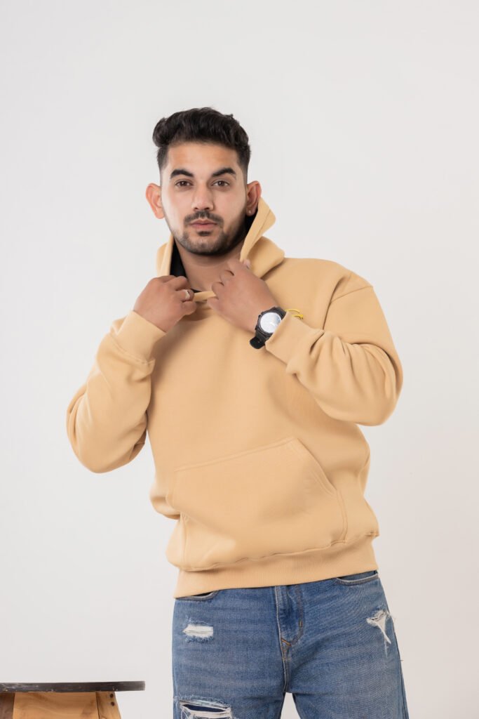 Men's Beige Oversized Cotton Hoodie Sweatshirt