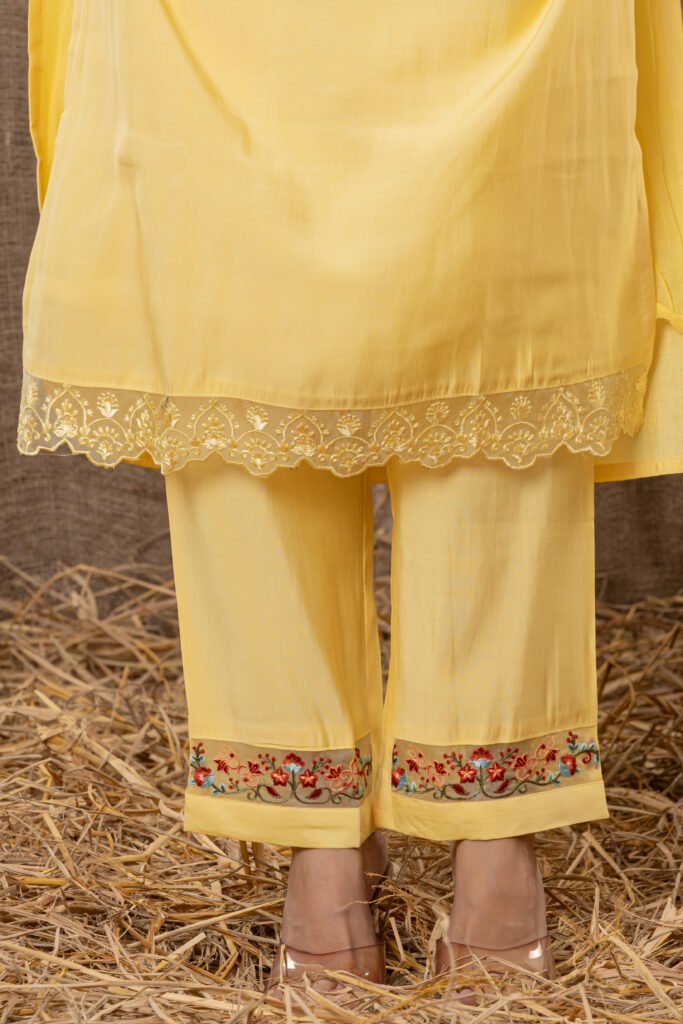Women's Lemon Yellow Floral Embroidered Kurta Set with Printed Dupatta
