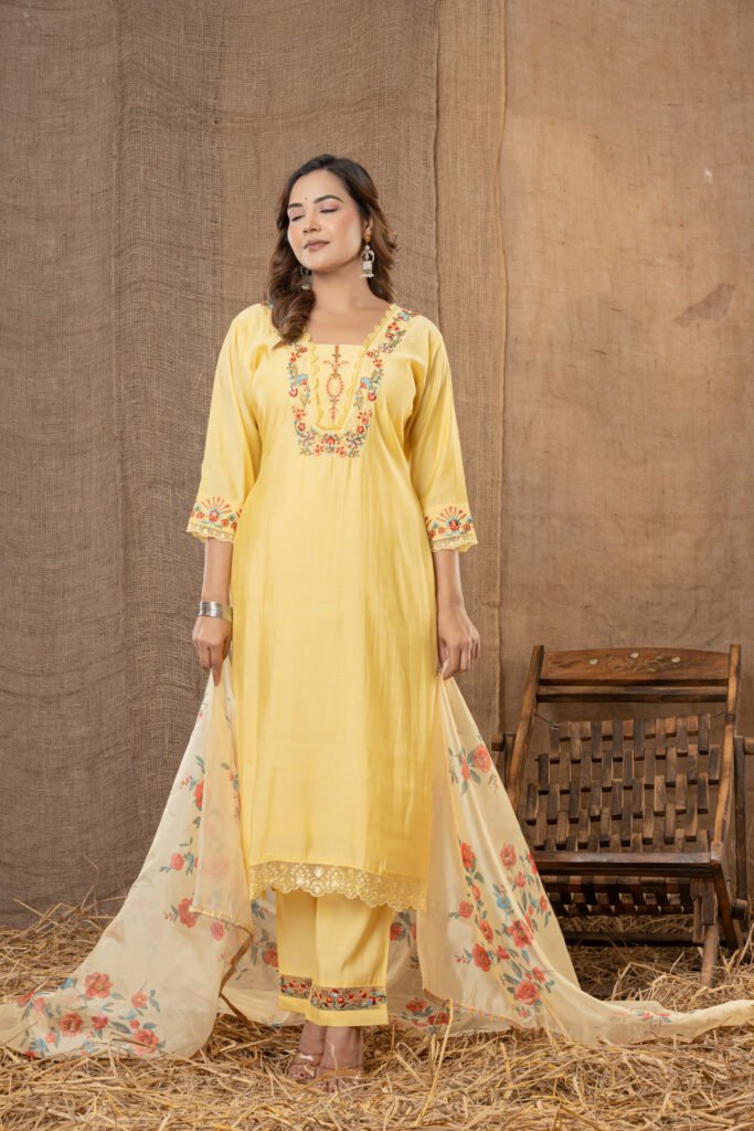 Women's Lemon Yellow Floral Embroidered Kurta Set with Printed Dupatta