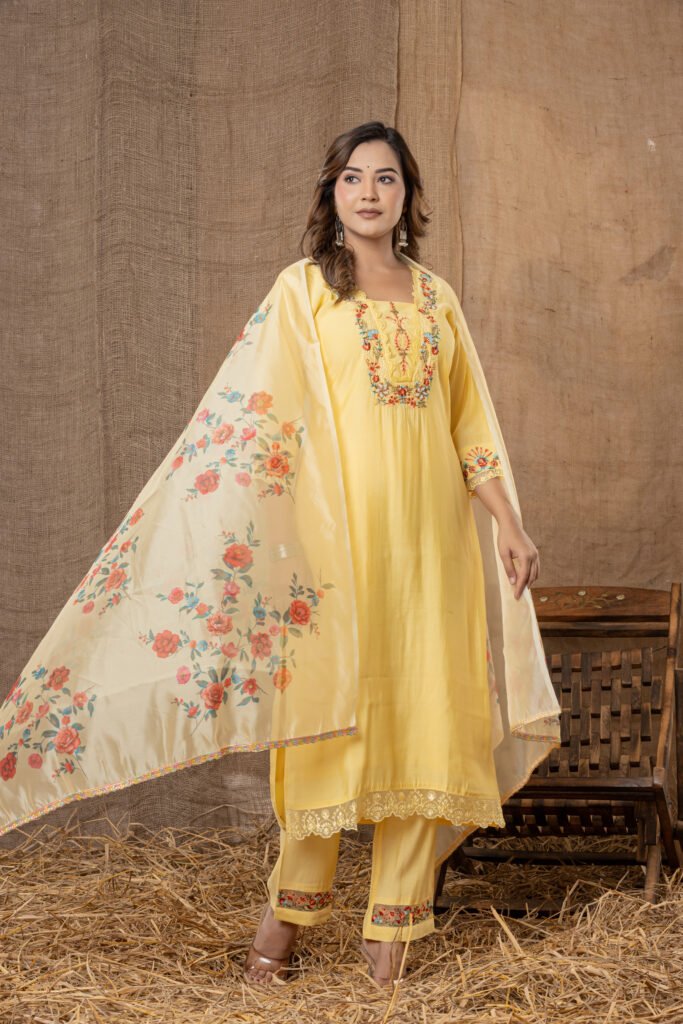 Women's Lemon Yellow Floral Embroidered Kurta Set with Printed Dupatta