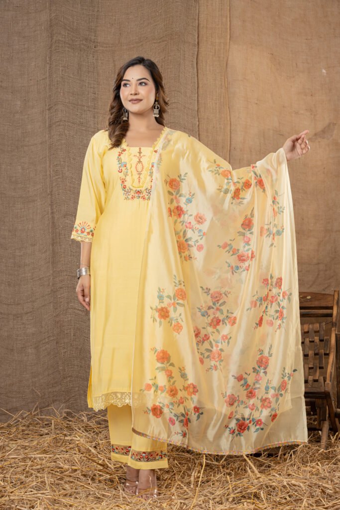 Women's Lemon Yellow Floral Embroidered Kurta Set with Printed Dupatta