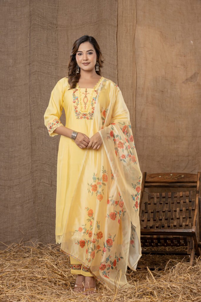 Women's Lemon Yellow Floral Embroidered Kurta Set with Printed Dupatta