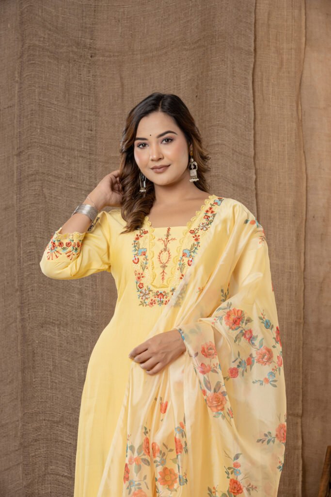 Women's Lemon Yellow Floral Embroidered Kurta Set with Printed Dupatta