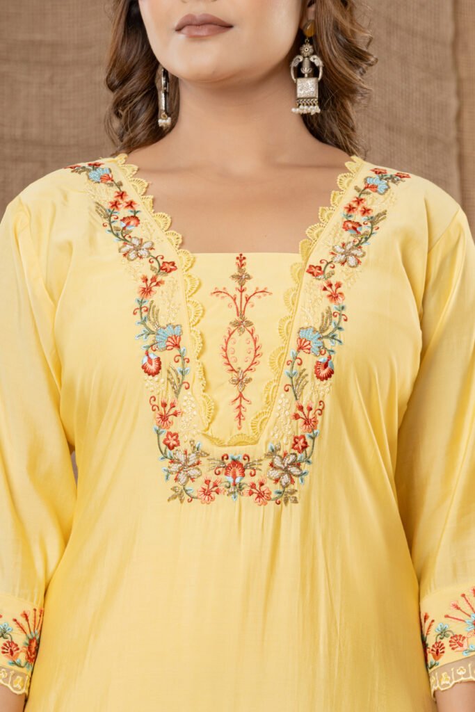 Women's Lemon Yellow Floral Embroidered Kurta Set with Printed Dupatta