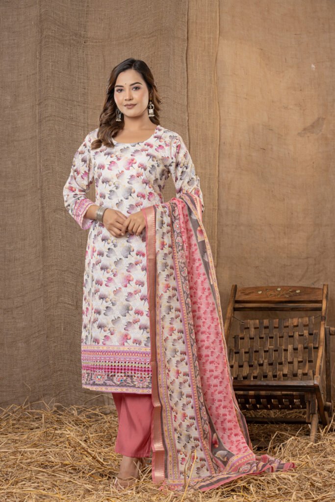 Women's Pink & Beige Abstract Printed Kurta Set with Dupatta