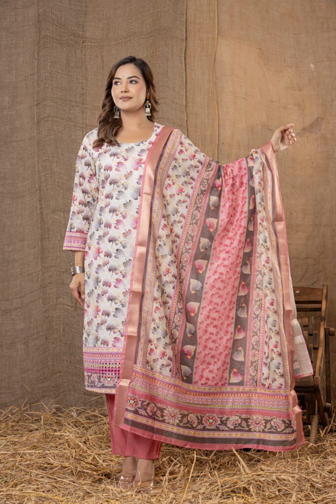 Women's Pink & Beige Abstract Printed Kurta Set with Dupatta