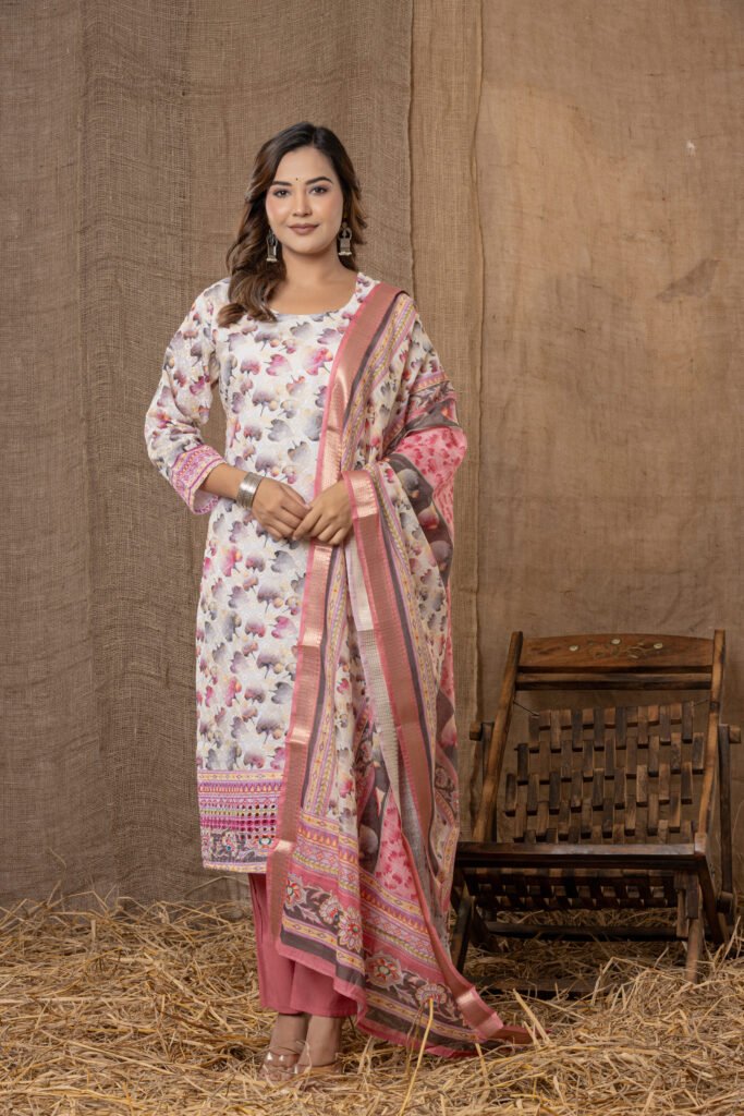 Women's Pink & Beige Abstract Printed Kurta Set with Dupatta