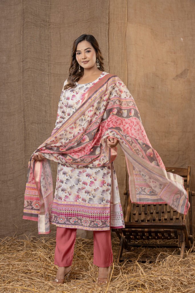 Women's Pink & Beige Abstract Printed Kurta Set with Dupatta