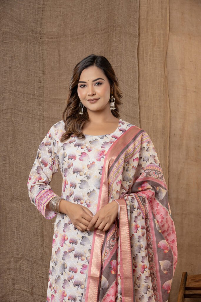 Women's Pink & Beige Abstract Printed Kurta Set with Dupatta