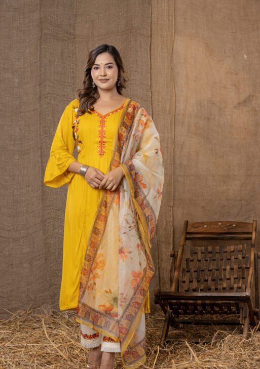 Women's Mustard Yellow Embroidered Kurta Set with Printed Dupatta