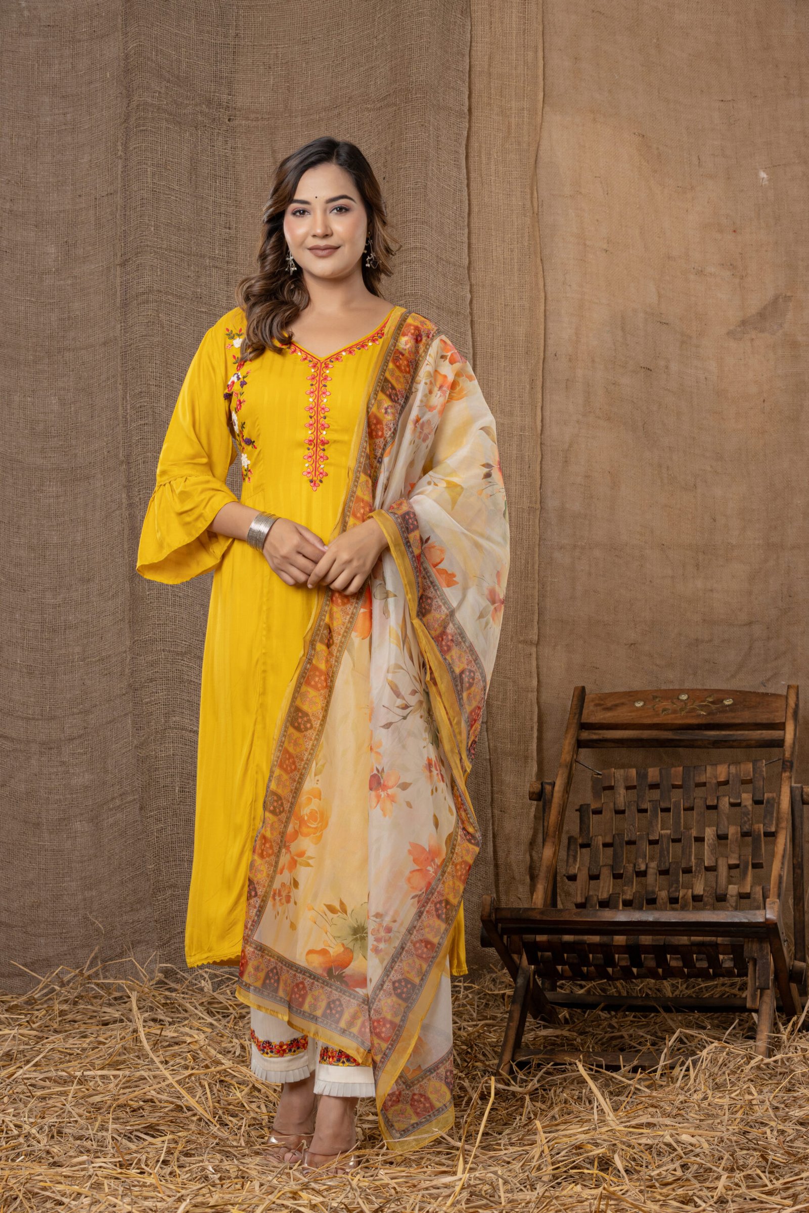 Women's Mustard Yellow Embroidered Kurta Set with Printed Dupatta - Image 1