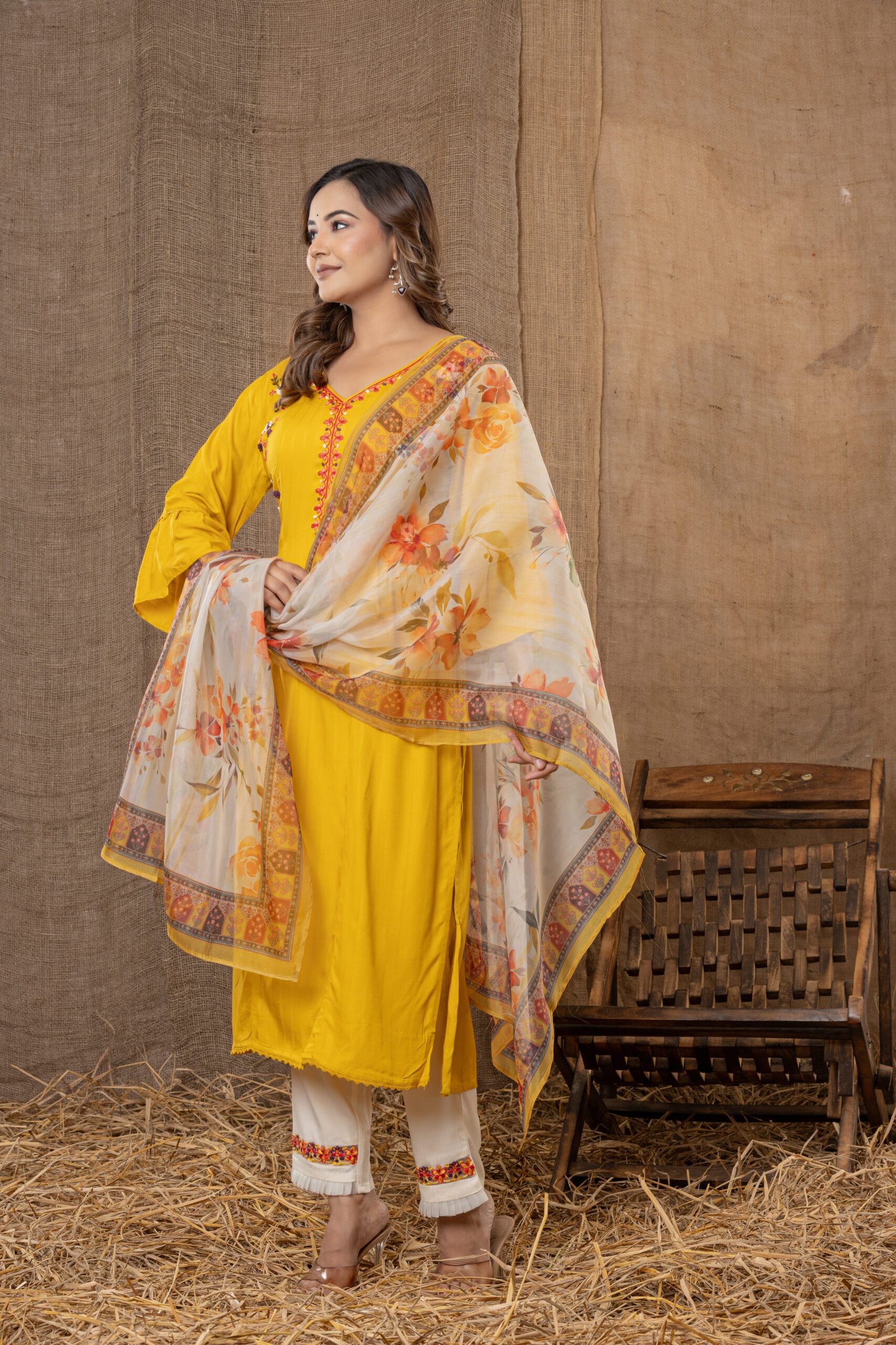 Women's Mustard Yellow Embroidered Kurta Set with Printed Dupatta - Image 3
