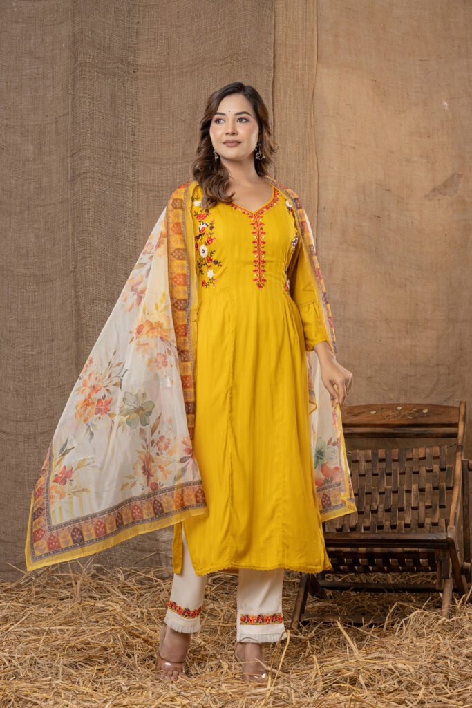 Women's Mustard Yellow Embroidered Kurta Set with Printed Dupatta