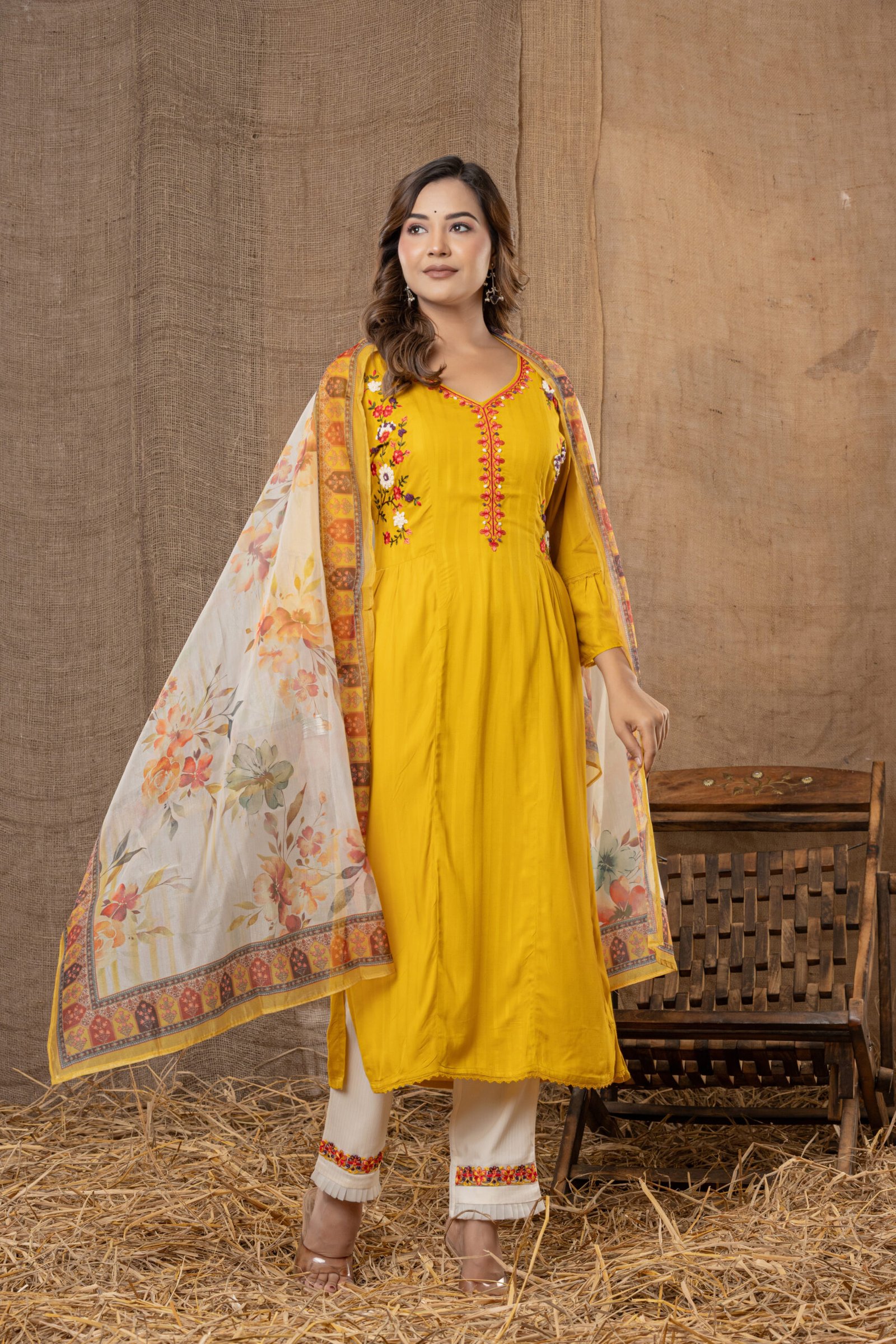 Women's Mustard Yellow Embroidered Kurta Set with Printed Dupatta - Image 7