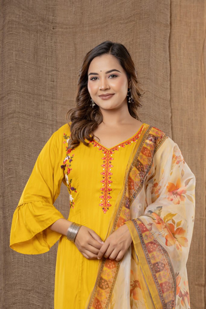 Women's Mustard Yellow Embroidered Kurta Set with Printed Dupatta