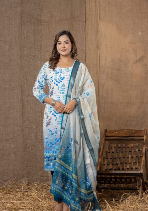 Women's White & Blue Floral Printed Kurta Set with Dupatta