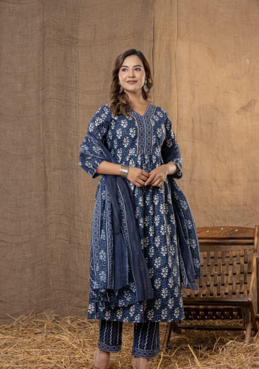 Women's Navy Blue Ethnic Printed Anarkali Kurta Set with Dupatta