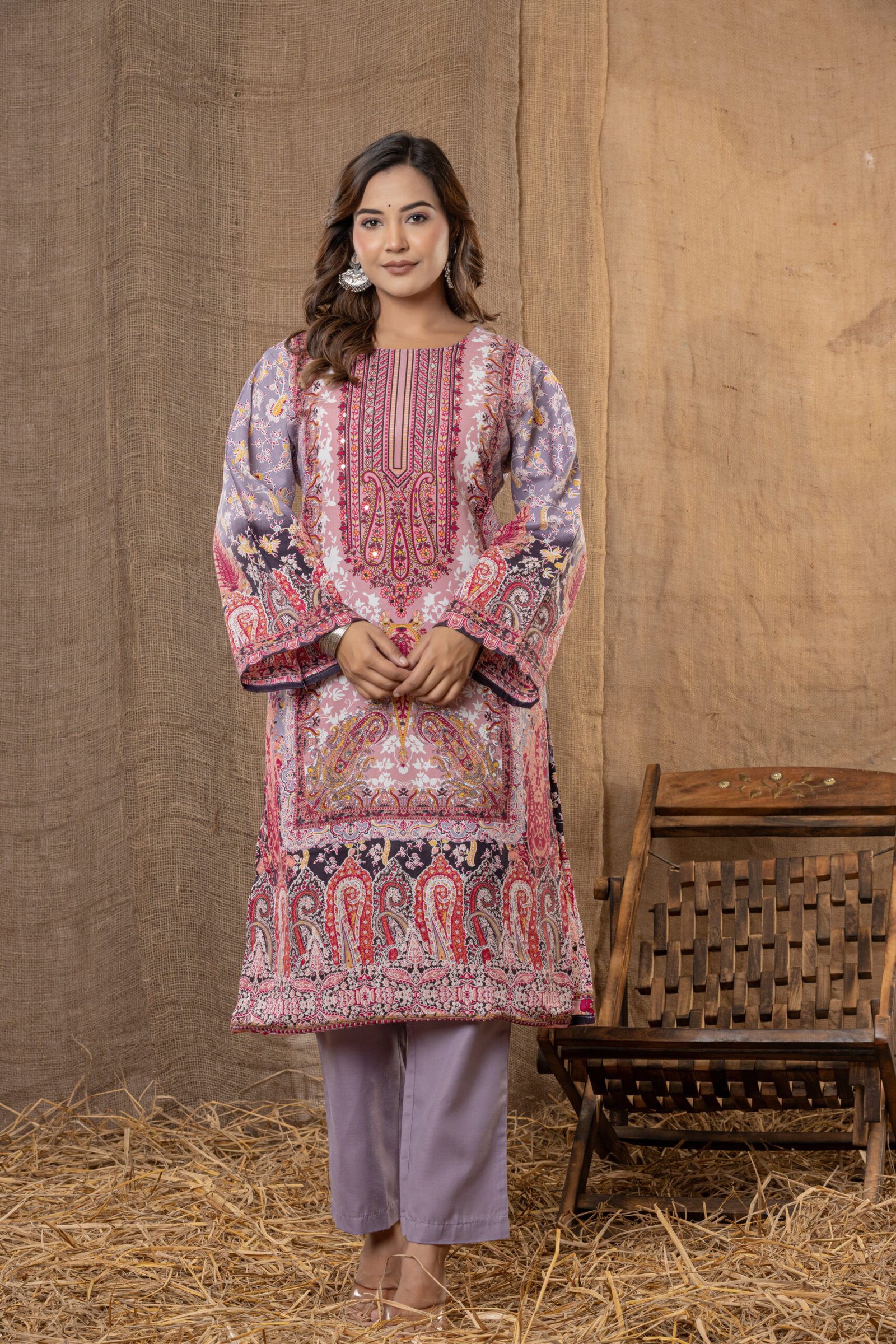 Women's Pink & Grey Ethnic Printed Kurta Set with Dupatta - Image 1