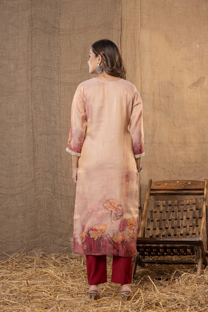 Women's Peach & Maroon Floral Embroidered Kurta Set with Dupatta