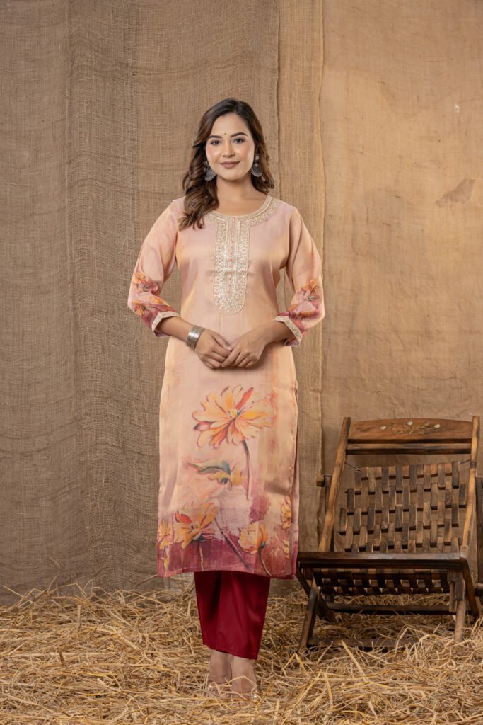 Women's Peach & Maroon Floral Embroidered Kurta Set with Dupatta