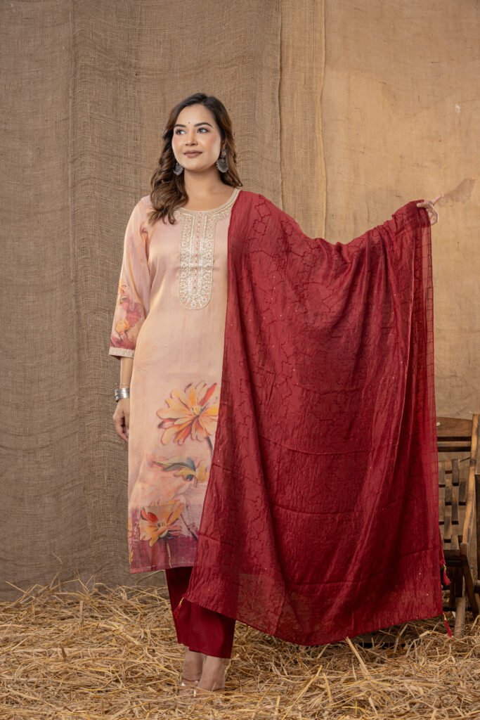 Women's Peach & Maroon Floral Embroidered Kurta Set with Dupatta