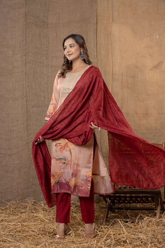 Women's Peach & Maroon Floral Embroidered Kurta Set with Dupatta