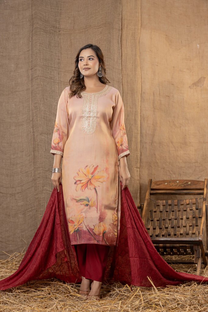 Women's Peach & Maroon Floral Embroidered Kurta Set with Dupatta