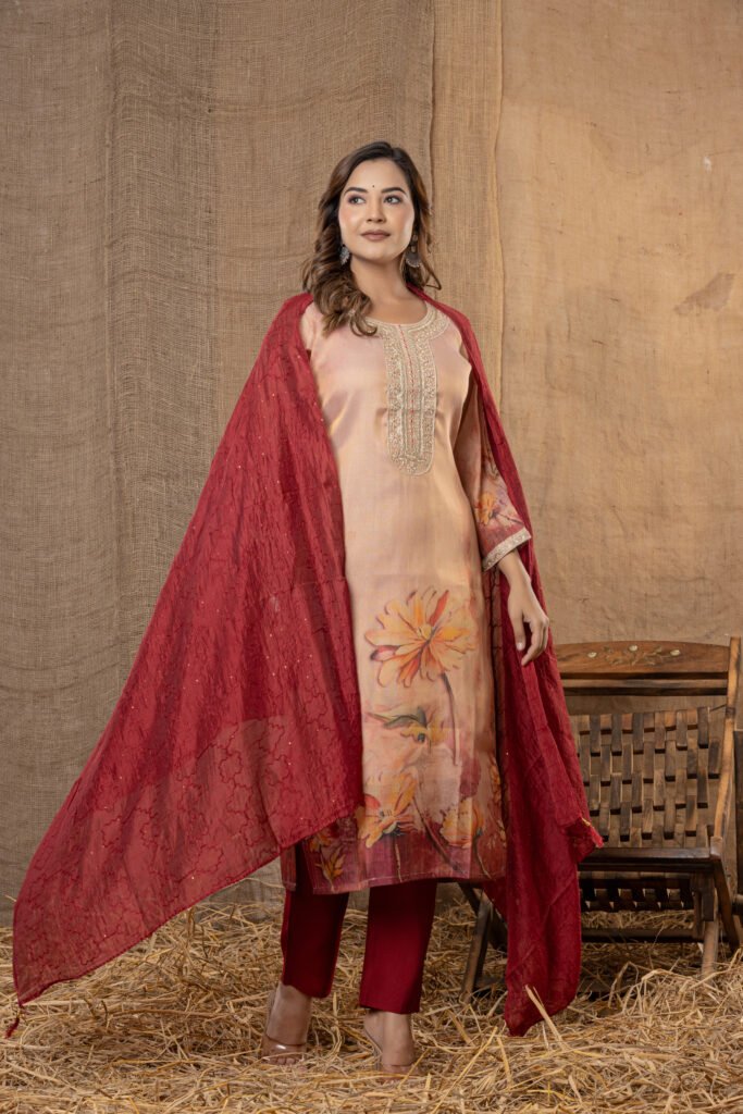 Women's Peach & Maroon Floral Embroidered Kurta Set with Dupatta