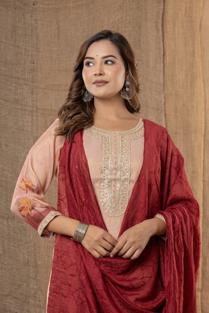 Women's Peach & Maroon Floral Embroidered Kurta Set with Dupatta