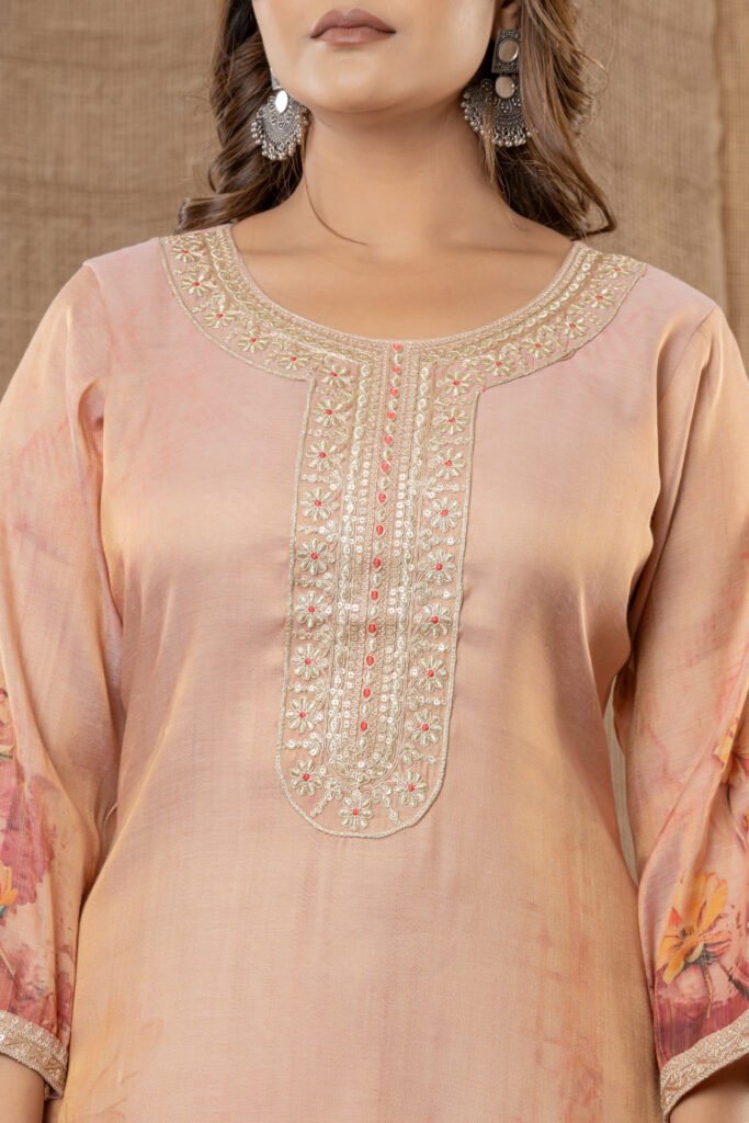 Women's Peach & Maroon Floral Embroidered Kurta Set with Dupatta