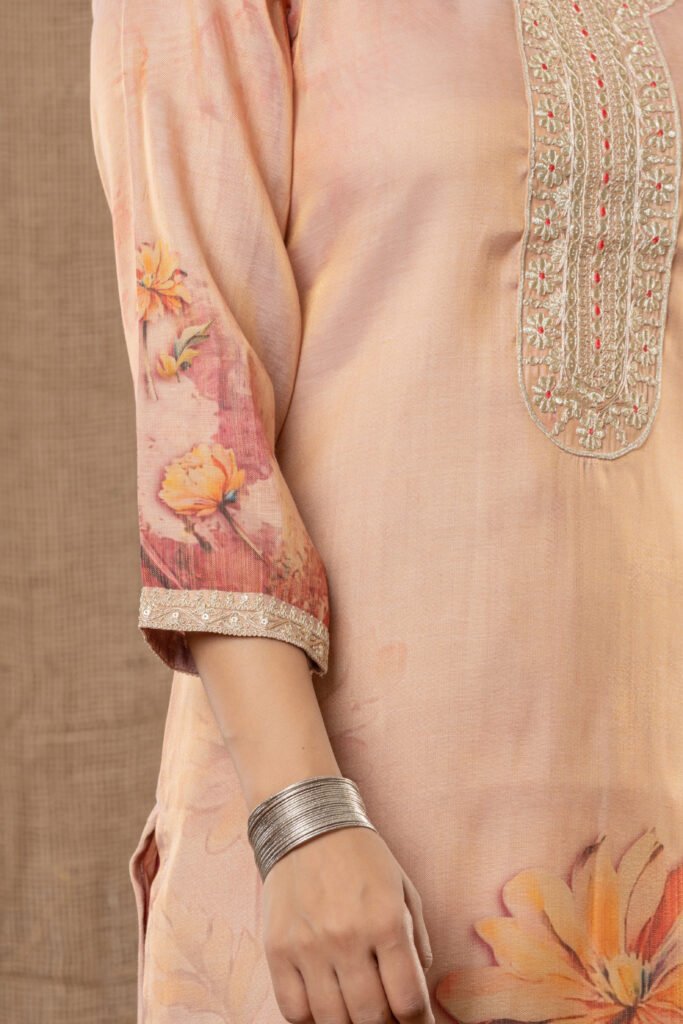 Women's Peach & Maroon Floral Embroidered Kurta Set with Dupatta