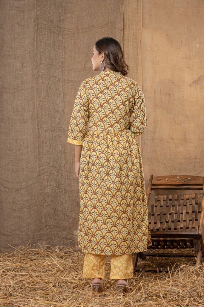 Women's Yellow Green Ethnic Printed Anarkali Kurta Set with Dupatta