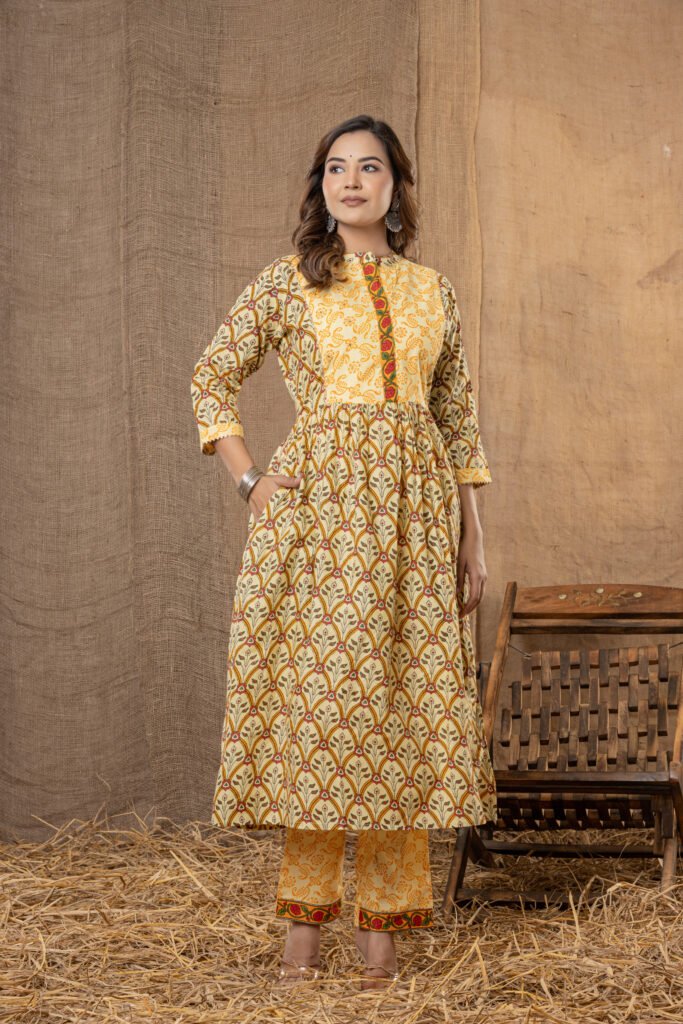 Women's Yellow Green Ethnic Printed Anarkali Kurta Set with Dupatta