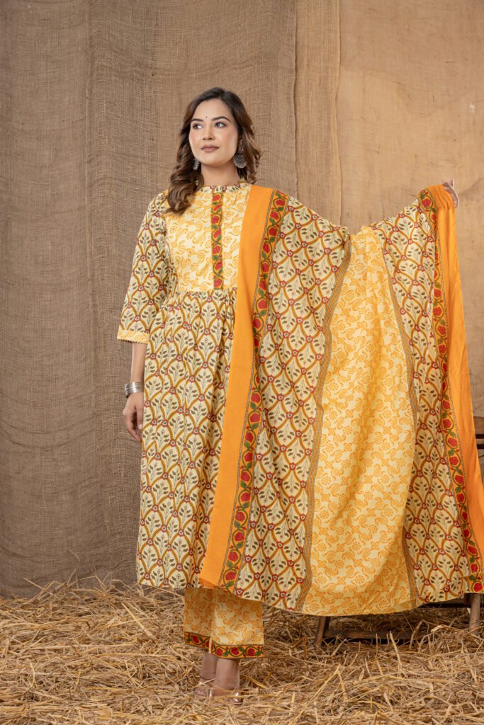 Women's Yellow Green Ethnic Printed Anarkali Kurta Set with Dupatta