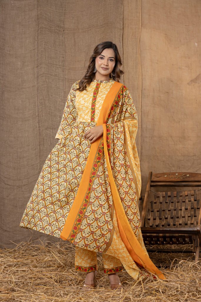 Women's Yellow Green Ethnic Printed Anarkali Kurta Set with Dupatta
