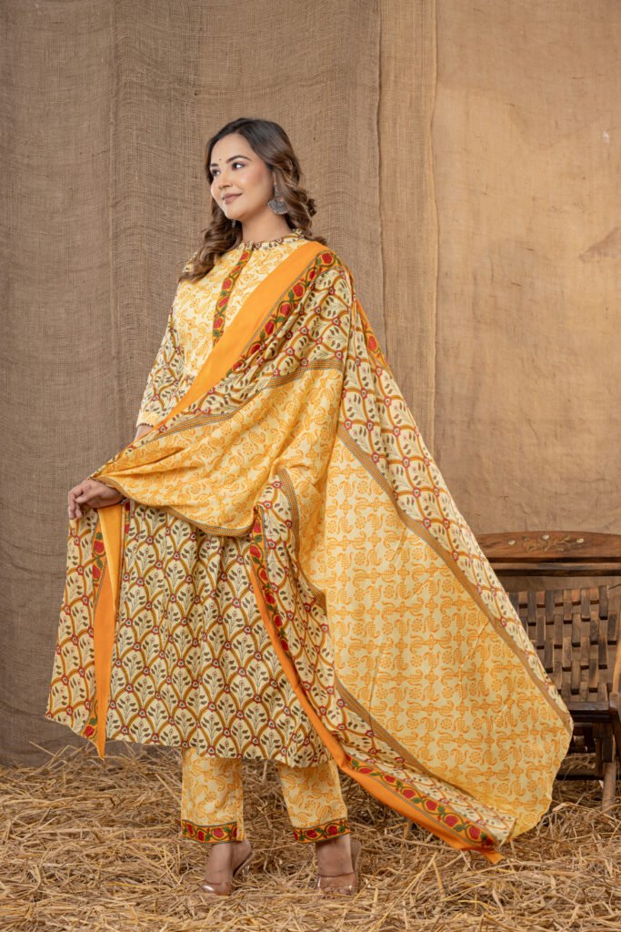 Women's Yellow Green Ethnic Printed Anarkali Kurta Set with Dupatta