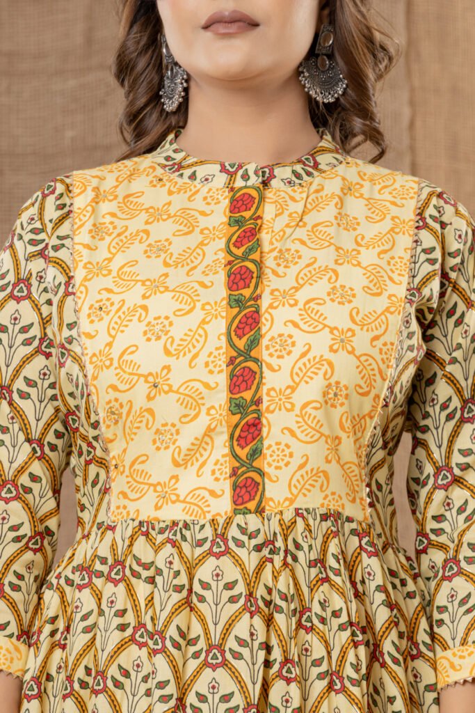 Women's Yellow Green Ethnic Printed Anarkali Kurta Set with Dupatta