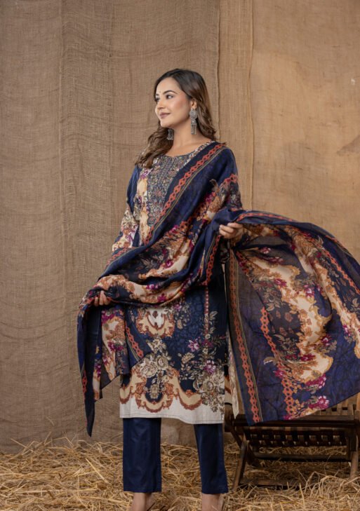 Women's Navy Blue & Mustard Baroque Printed Kurta Set with Pant & Dupatta